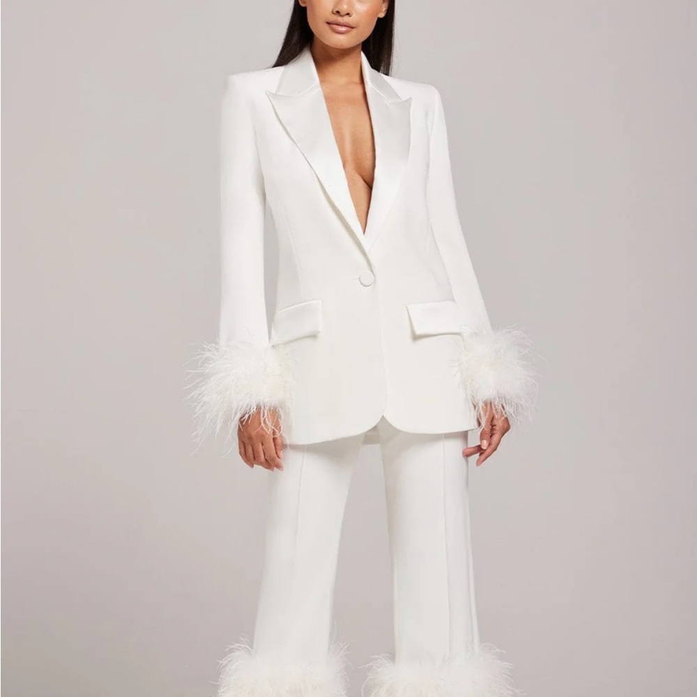 Nadine Merabi Margot White Feather-Trimmed Blazer